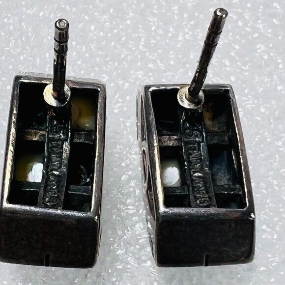 Vtg 925 Silver Checkerboard Stud Earrings Onyx Mother Of Pearl Inlay Thai SX - Picture 3 of 8